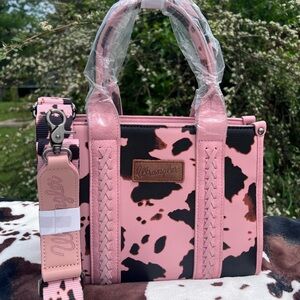 Wrangler Pink and Black Cow Print Tote with Crossbody Strap